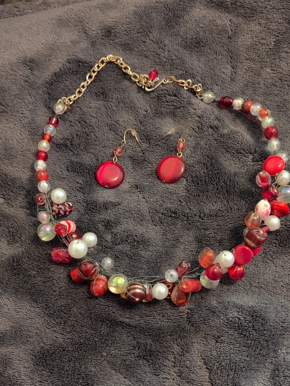 Red Multi-Bead Statement Necklace and Earrings Set